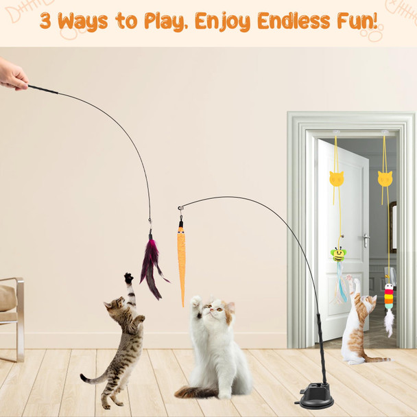 Depets Cat Wand Toy 15 Pcs Interactive Cat Feather Toys For Indoor Self Play & Exercise 2 Play Modes Kitten Teaser Wand Reusable Suction Cup Kitten Toys