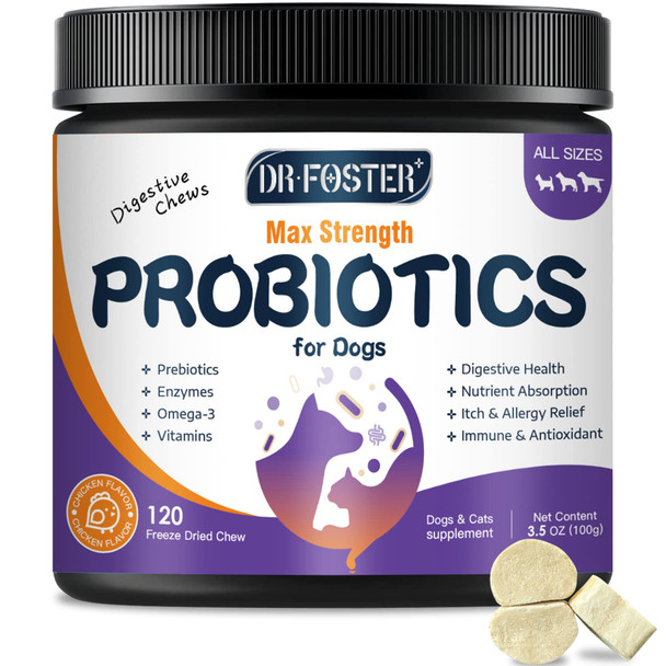 Drfoster Probiotics For Dogs Ze-Dried Dog Probiotics And Digestive Enzymes Plus Omega-3 For Itchy Skin 3-In-1 Prebiotics For Digestive Health Dog Vitamins And Supplements For Immune Health 120 Bites