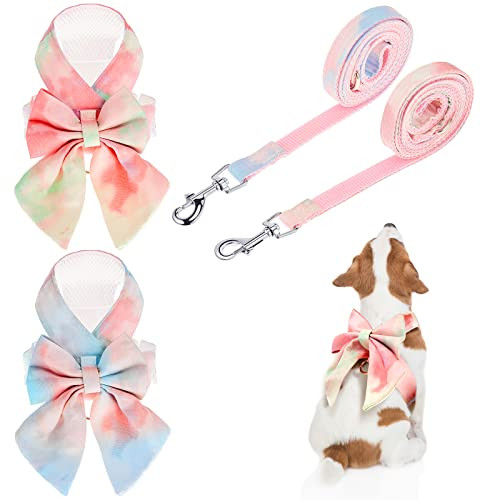 Dunzy 2 Sets Bow Tie Small Dog Harness And Leash Set Cute Dog Puppy Harness Adjustable Soft Mesh Dog Vest For Puppies Cat Pet Walking Training