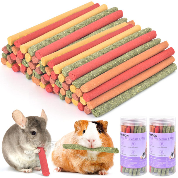 Erkoon 40Pcs Rabbit Timothy Hay Sticks Five Flavors Purplepotato/Timothyhay/Pumpkin/Strawberry/Carrot Suitable Guinea Pig Hamste Gerbil Chinchilla Treats Chew Toys For Teeth For Bunnies