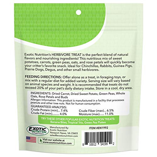 Exotic Nutrition Herbivore Treat (3 Oz.) - Healthy Natural Mixed Treat - Sweet Potatoes Carrots Green Peas Oats Rose Petals - For Chinchillas Rabbits Guinea Pigs Prairie Dogs Degus And Other Small Pets