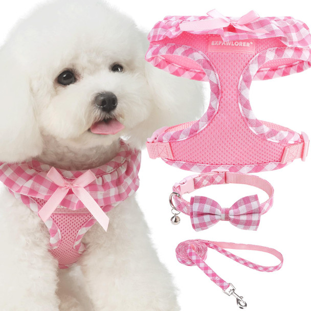 Expawlorer Cute Dog Harness Collar Leash Set - Pink Girl Dog Harness Checkered Step-In Design Detachable Bow Pet Collar Adjustable No-Choke Lightweight Mesh Vest For Cats Puppy Small Dogs S