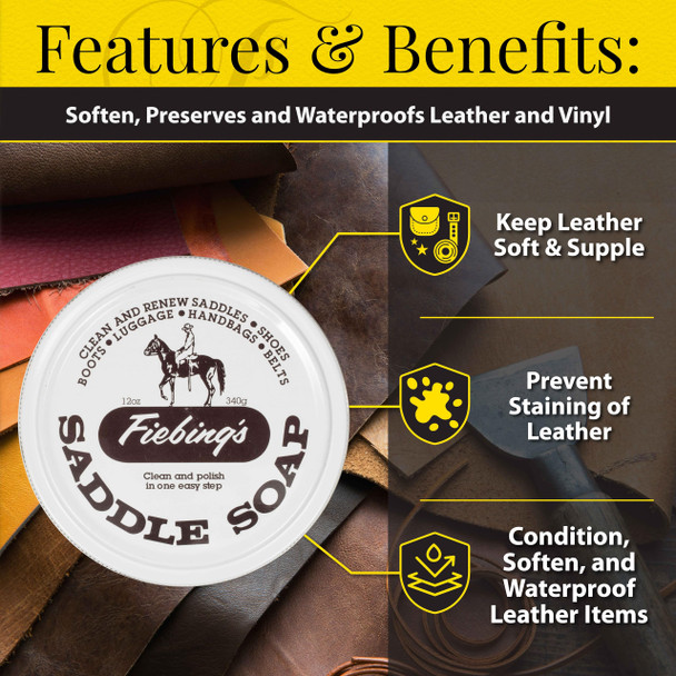 Fiebing'S Saddle Soap 12Oz - White - Clean Polish And Maintain Saddles Shoes Luggage Handbags - Thoroughly Cleans & Restores Natural Preservative Leather Oils To Maintain Suppleness & Strength