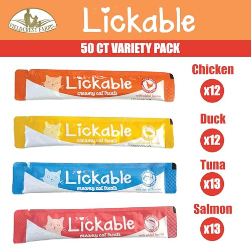 Fieldcrest Farms Lickable Creamy Cat Treats 50Ct Variety Pack 4 Savory Flavors (Chicken Tuna Duck Salmon) With Taurine Smooth Tasty Cat Treat Tubes Serve By Hand Dish Or As A Topper