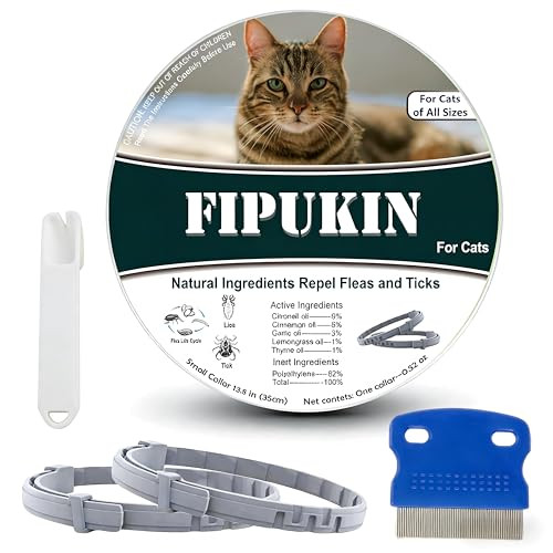 Fipukin Natural Flea Collar For Cats High Rated Plant Based Protection 8 Month Waterproof Formula Includes Grooming Comb & Tick Removal Tool