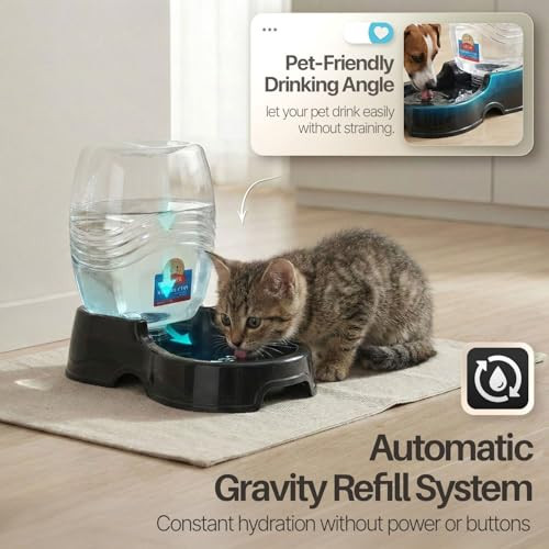 Flexzion Automatic Gravity Pet Waterer For Cat & Dog - Non-Skid & Easy-Clean Auto Replenish Water Dispenser Drinking Bowl (1/4 Gallon/ 900Ml) Black