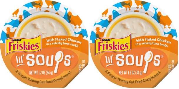 Friskies Purina Natural Grain Wet Cat Food Lickable Cat Treats Lil' Soups Flaked Chicken - (Pack Of 8) 1.2 Oz. Tubs