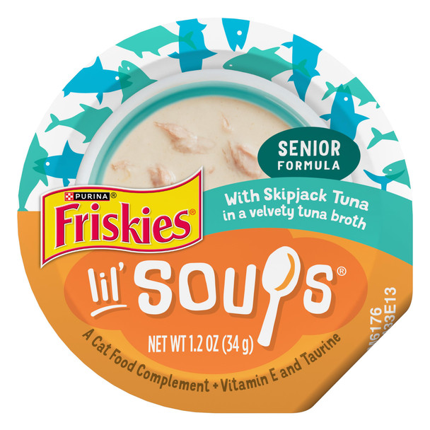 Friskies Purina Grain Senior Lickable Cat Food Toppers Lil Soups With Skipjack Tuna In A Velvety Tuna Broth - (Pack Of 8) 1.2 Oz. Cup