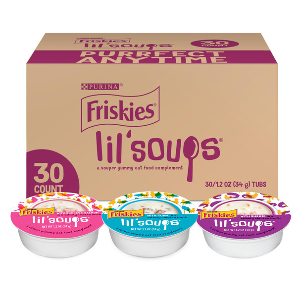 Friskies Purina Grain Wet Cat Food Lickable Cat Treats Variety Pack Lil' Soups With Salmon Tuna Or Shrimp - (Pack Of 30) 1.2 Oz. Cups