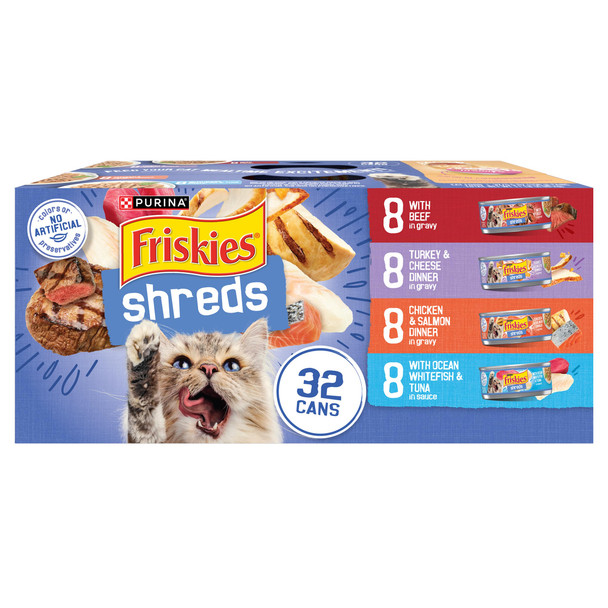 Friskies Purina Wet Cat Food Variety Pack Shreds With Beef Turkey And Cheese Dinner Chicken And Salmon Dinner And With Ocean Whitefish And Tuna - (Pack Of 40) 5.5 Oz. Cans