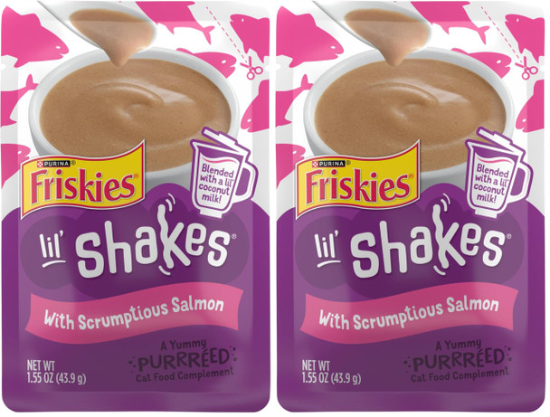 Friskies Purina Pureed Cat Food Topper Lil Shakes With Scrumptious Salmon Lickable Cat Treats - (Pack Of 16) 1.55 Oz. Pouches