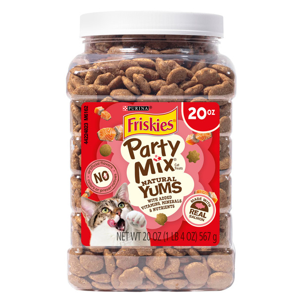 Friskies Purinanatural Cat Treats Party Mix Natural Yums With Real Salmon And Added Vitamins Minerals And Nutrients - 20 Oz. Canister