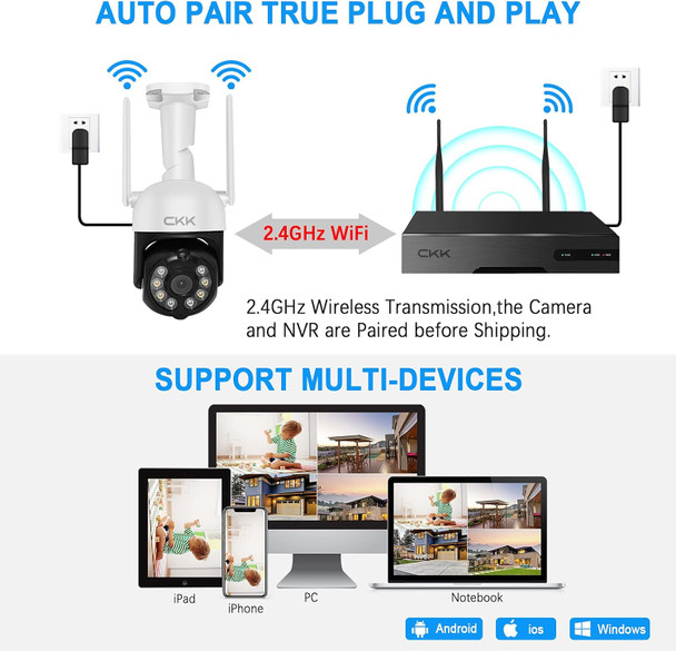 【Pan Tilt Zoom】 Wireless Security Camera System,4pcs 3MP PTZ Cameras Outdoor Indoor, 8 Channel 3MP WiFi Surveillance NVR System with 1TB Hard Drive,Floodlights & Siren Alarm,AI Human Detection