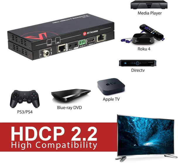 AV Access HDBaseT HDMI Extender Over Single Cat5e/6/6a/7 4K@60Hz (230ft/70m), 1080P (330ft/100m), with Ethernet Port, HDR10+, YUV4:2:0, HDCP 2.2, Plug & Play, IR Return & PoE, Smart EDID (4KEX100-L) AV Access HDBaseT HDMI Extender Over Single Cat5e/6/6a/7 4K@60Hz (230ft/70m), 1080P (330ft/100m), with Ethernet Port, HDR10+, YUV4:2:0, HDCP 2.2, Plug & Play, IR Return & PoE, Smart EDID (4KEX100-L)