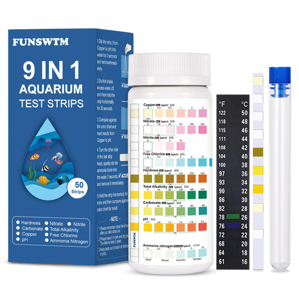 Funswtm Aquarium Test Strips For Freshwater Fish 9 In 1 Fish Tank Water Test Strips Fast & Easy Color Chart For Beginners Test Ammonia Nitrite Nitrate Ph Chlorine Hardness 50 Strips