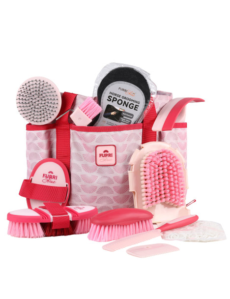 Furrishine 11-Piece Professional Horse Grooming Kit With Waterproof Tote Bag Non-Slip Silicone Grip Brush Set Curry Comb Hoof Pick & Mane Comb Pink Garnet