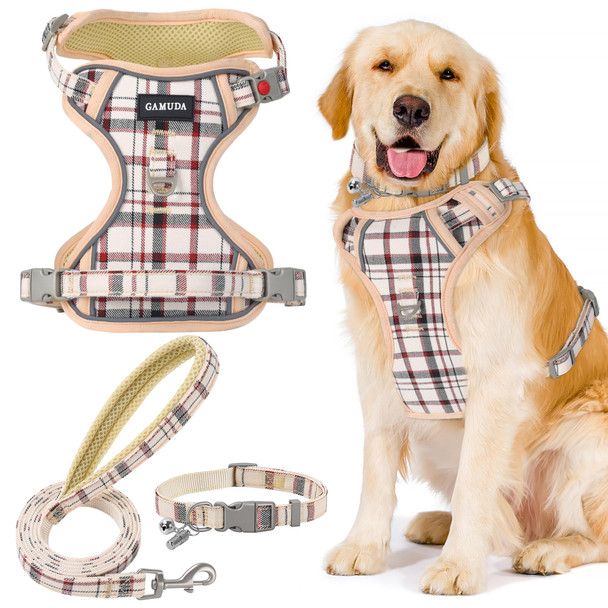 Gamuda Dog Harness Collar And Leash Set Dog Harness No Chock No Pull Adjustable Vest Harnesses Plaid Reflective For Medium Dog Cat Small Horse Small Bull And Pig (Beige M)