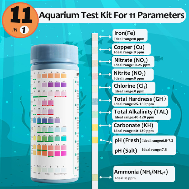 Gaoqsemg Aquarium Water Test Kit 11 In 1100 Counts Ammonia Aquarium Test Kits Fish Tank Test Strips Freshwater & Saltwater Ph Testing Strips For Ammonia PhHardnessNitriteNitrateChlorine