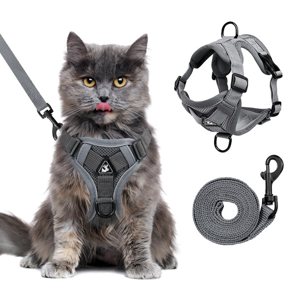 Gcvopton Escape Proof Cat Harness And Leash Set For All Types Of Cats - Adjustable Reflective Soft Mesh Vest With 4 Buckles Breathable Walking Harness For Kittens To Xl Cats