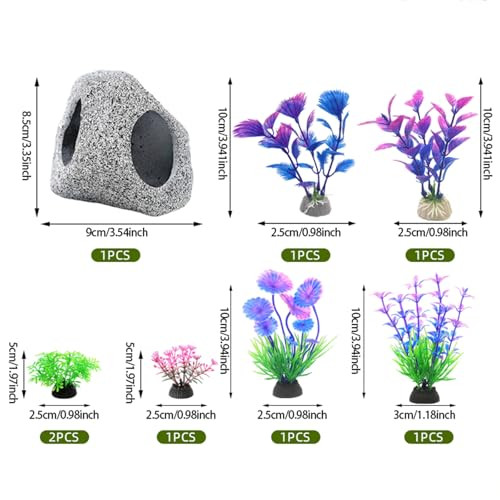 Gofylin Fish Tank Decorations Set Aquarium Decor Hideaway Rock Cave X 1Pc Decor Accessories Aquatic Plants X 6Pcs.