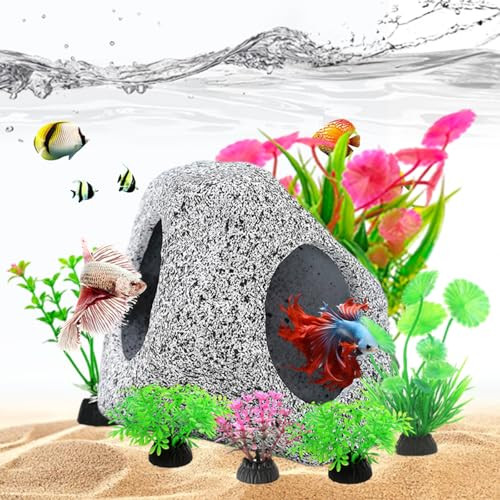 Gofylin Fish Tank Decorations Kit Aquarium Decor Hideaway Rock Cave X 1Pc Fish Tank Accessories Aquatic Plants X 6Pcs