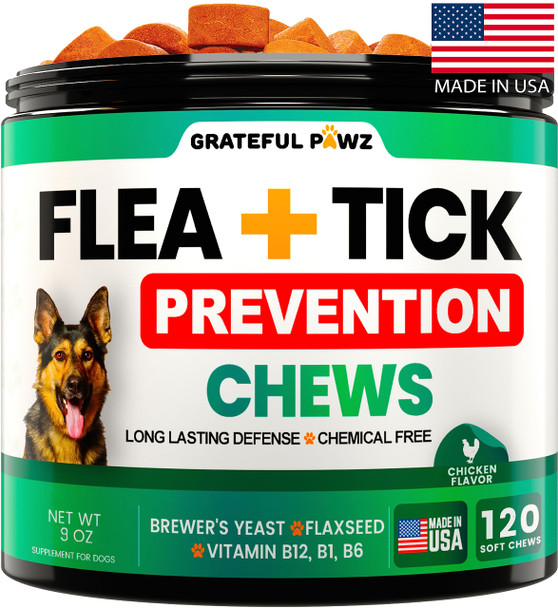 Grateful Pawz Flea And Tick Prevention For Dogs Chewables - Made In Usa - Natural Flea And Tick Chews Supplement - Oral Pills For Dogs - Pest Defense - All Breeds And Ages - 120 Soft Tablets