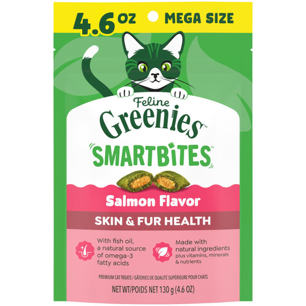 Greenies Cat Treats Feline Smartbites Skin & Fur Health Crunchy And Soft Cat Treats Salmon Flavor 2.1 Oz. Pack