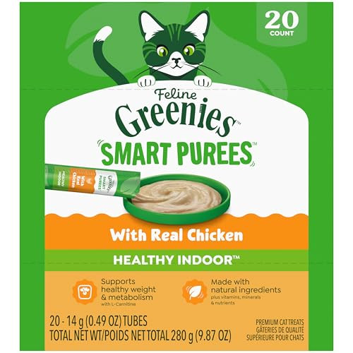 Greenies Feline Smart Purees Healthy Indoor Lickable Cat Treats With Real Chicken 0.49 Oz. Tubes 20 Count