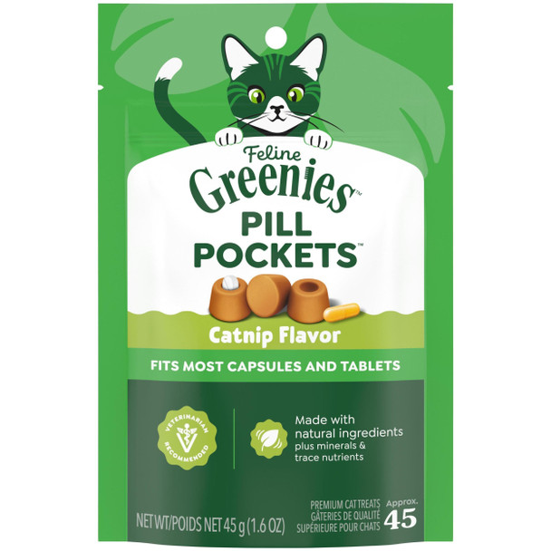 Greenies Feline Pill Pockets For Cats Natural Soft Cat Treats Salmon Flavor 1.6 Oz. Pouch (45 Treats)