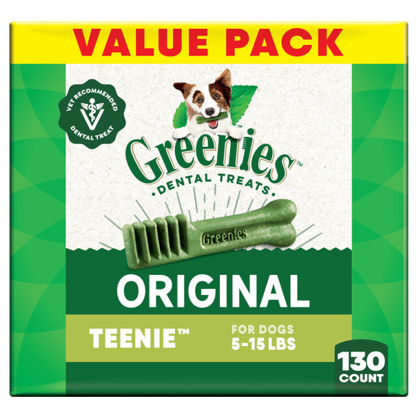 Greenies Veterinarian-Recommended Adult Natural Dental Dog Treats Teenie Size Dog Dental Chews Original Flavor 36 Oz. Pack 130 Count