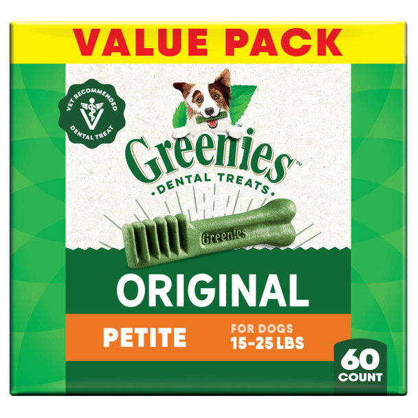 Greenies Veterinarian-Recommended Adult Natural Dental Dog Treats Petite Size Dog Dental Chews Original Flavor 36 Oz. Pack 60 Count