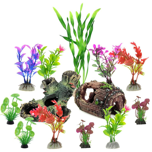 Greenjoy Aquarium Decorations Fish-Tank Accessories Plants - Fish Tank Decor Kit With Artificial Plants And Hideouts OrnamentsSmall (Ornaments Set #2)