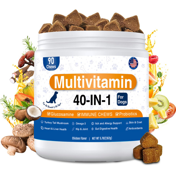 Guruami 40-In-1 Dog Vitamins Multivitamin For Dogs Multivitamin Chewable With Glucosamine Msm Collagen Probiotics Gut Digestive Enzymes Zinc Mushroom Dog Vitamins For Itchy Skin & Immune Support