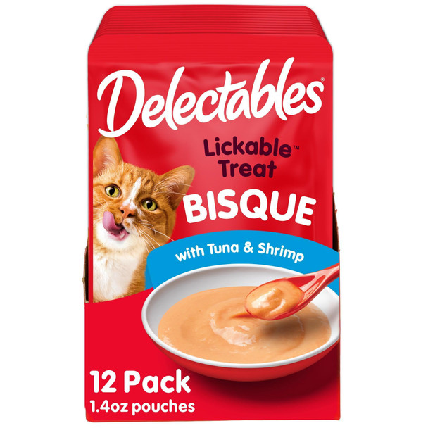 Hartz Delectables Lickable Treat Bisque Wet Cat Treat Variety Pack Food Topper Hydrating Grain- No Fillers No By-Products No Added Preservatives 1.4Oz Pouch 30Ct
