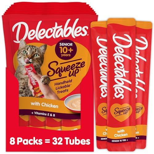 Hartz Delectables Squeeze Up Creamy Squeezable Puree Lickable Wet Cat Treats Grain No Added Fillers No By-Products No Added Preservatives 0.5 Ounces Senior Chicken 32 Tubes Total