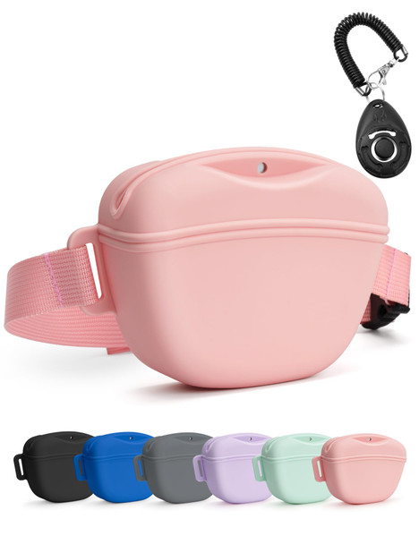 Heouvo Dog Treat Pouch With Training Clicker Stronger Magnetic Closure To Avoid Spilling 1.67 Cup Silicone Treat Bag Fanny Pack With Waist Belt For Pet Training Walking (Black)