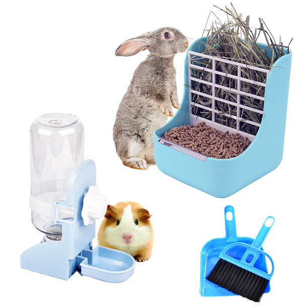 Hercocci Rabbit Hay Food Bin Feeder And Bunny Water Bottle Set Hay Food Feeder Bowls Manger Rack With 500Ml Hanging Water Dispenser Prevent Knock Over For Rabbit Guinea Pig Chinchilla (Large White)