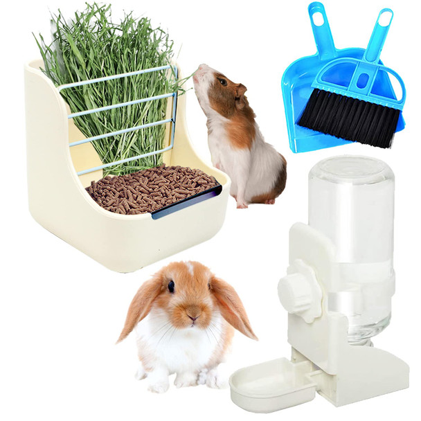 Hercocci Rabbit Hay Food Bin Feeder And Bunny Water Bottle Set Hay Food Feeder Bowls Manger Rack With 500Ml Hanging Water Dispenser Prevent Knock Over For Rabbit Guinea Pig Chinchilla (Large White)