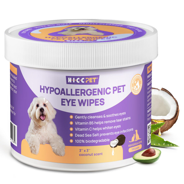 Hicc Pet Eyes Wipes For Dogs & Cats Vet-Recommended Dog Eye Infection Treatment Gently Remove Tear Stain Debris Discharge - Hypoallergenic Pet Eye Wash Cleaner For Eyes Wrinkle Face - 100Pcs