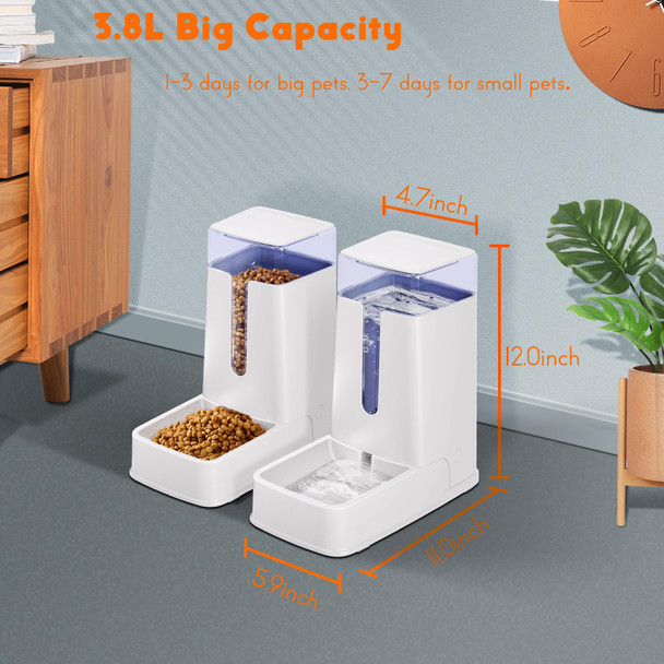 Hipidog 2 Packs Automatic Cat Feeder And Waterer Gravity Dog Food And Water Dispenser Set For Small Medium Big Pets Cats Dogs Puppy Kitten 1 Gallon X 2 (White)