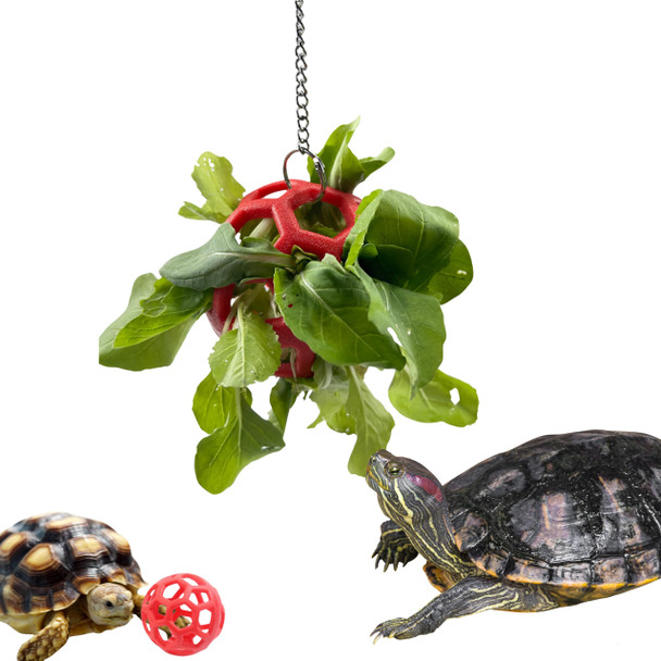 Homedy Crafts Turtle Feeder Ball With Chain Hanging Tortoise Treat Ball Turtle Enrichment Toys Tortoise Hay Holder Foraging Food Toy For Small Pet Rabbit Bunny Guinea Pig Tortoises Accessories (Red Ball)