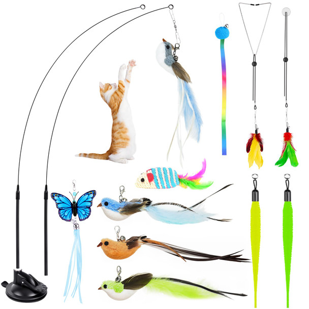 Hongddy Cat Toys For Indoor Cats 14Pcs 4 In 1 Cat Interactive Toys Hanging Door Kitten Wand With Suction Cup Removable Feathers Balls Mice Butterfly Streamers