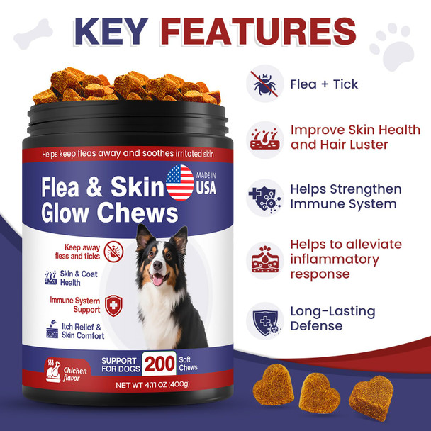 Hyjykd Flea And Tick Prevention For Dogs Chewable Omega Skin And Coat Chews For Dogs Natural Pet Oral Flea Chewables Increase Hair Shine Nutritional Supplements 200 Soft All Breeds Ages Chicken Flavor