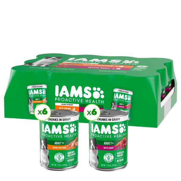 Iams Proactive Health Wet Dog Food Adult Canned Dog Food Chicken Chunks In Gravy And Beef Chunks In Gravy 13 Oz. Cans Pack Of 12