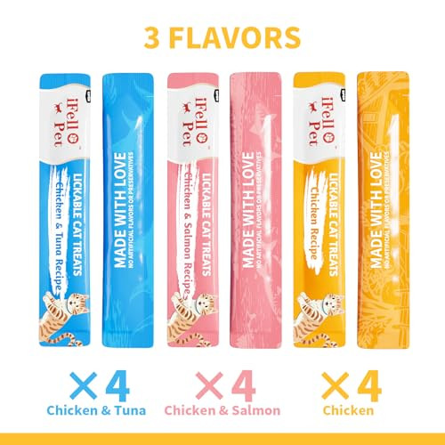 Ifello Pet High-Meat Lickable Cat Treats Variety Pack Real Chicken & Seafood Smooth Creamy Pur E Grain- 12 Tubes (15G Each)