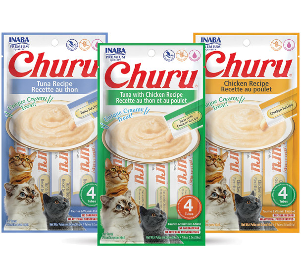 Inaba Churu Lickable Pur E Natural Cat Treats Tuna & Chicken 3 Flavor Assortment Of 12 Tubes