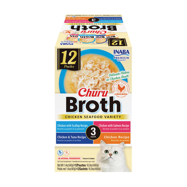 Inaba Churu Broth For Cats Side Dish Pouch 1.4 Ounces Per Pouch 12 Pouches Chicken & Seafood Variety