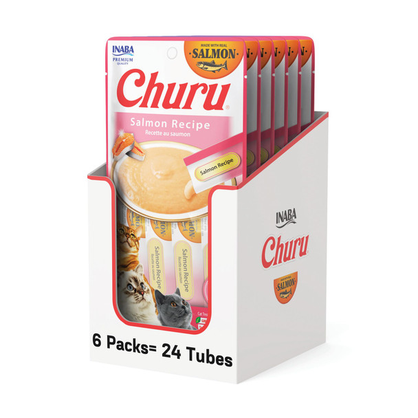 Inaba Salmon Churu Cat Treats Lickable Squeezable Creamy Pur E Cat Treat With Green Tea Extract & Taurine 0.5 Ounces Each Tube 24 Tubes (4 Per Pack) Salmon Recipe