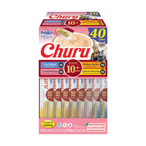 Inaba Churu For Senior 10+ Creamy Lickable Cat Treats With Taurine Vitamin E & C 0.5 Ounces Each 40 Tubes Tuna & Chicken Variety
