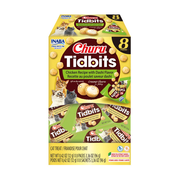 Inaba Churu Tidbits For Cats Soft and  Chewy Churu Filled Baked Chicken Cat Treats With Taurine and  Green Tea Extract 0.42Oz Per Pack 8 Packs Total Chicken With Dashi Flavor Recipe
